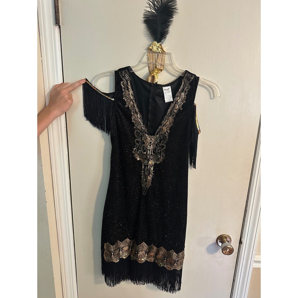 Spirit Halloween Womens Flapper Costume Dress Black Gold Fringe Headband Medium